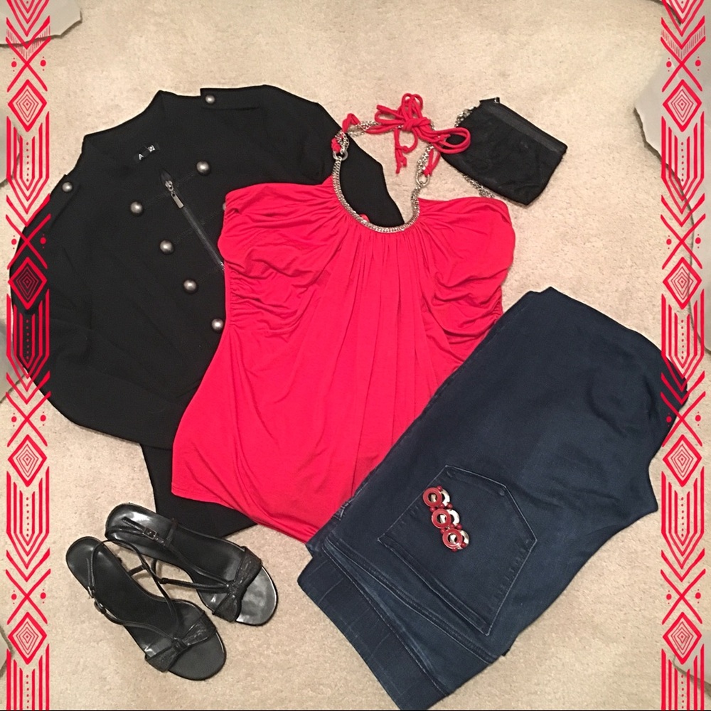 Red Halter Top with Metal Details